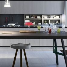 Kitchen Modern Spacious Integrated Kitchen Dining Room With Simple Island Bar And Red Stools And Cabinet Flashing White Storage Streamlined and Adaptable Kitchen Design with Modular Style