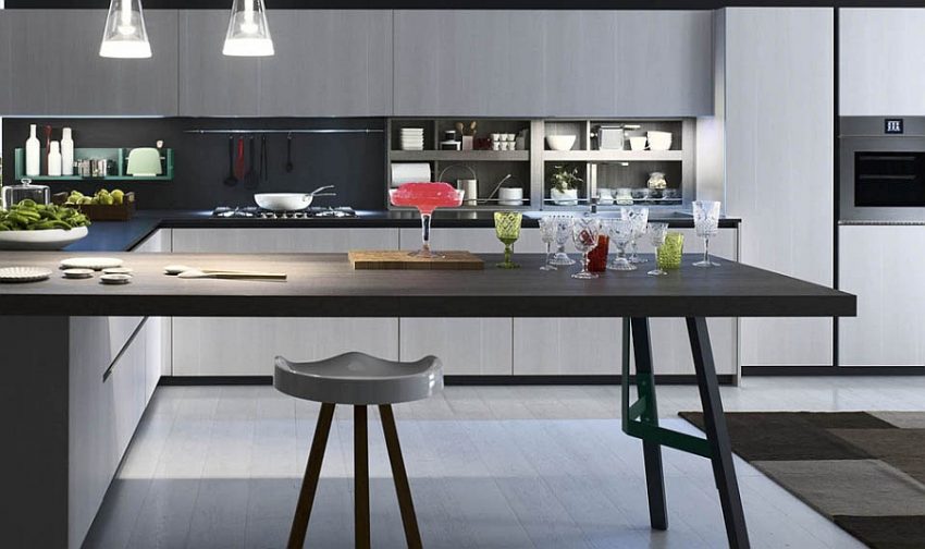 Kitchen Medium size Simple Extended Kitchen Bar With Modern Stool Beneath Double Pendants Facing Gorgeous Storage Idea