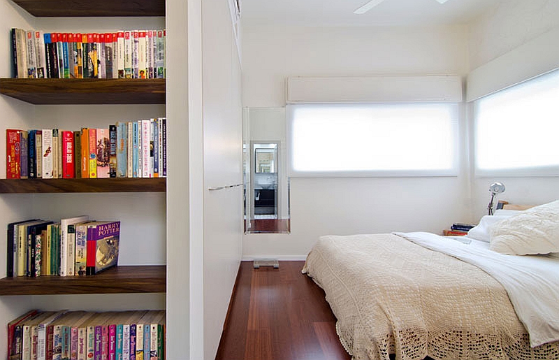 Smart Bookshelves Parting Bedroom With Living Space Stacked On White Backdrop Upon Wooden Floor Apartment