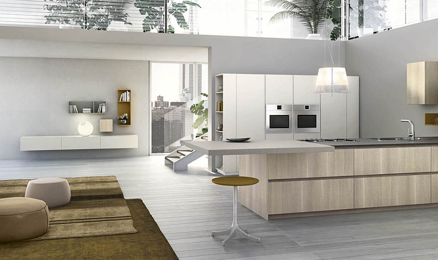 Spacious Open Double Height Kitchen Design With Wooden Island Faced With Evening Hue Stool Beneath Awesome Pendant Kitchen