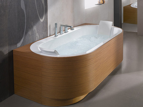 Amazing Half Round White Wooden Bathtub Grey Floor Bathroom
