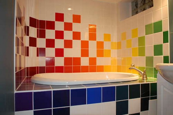 Bathroom Large-size Amusing Rainbow Tiles Bathroom White Bathtub Design Bathroom