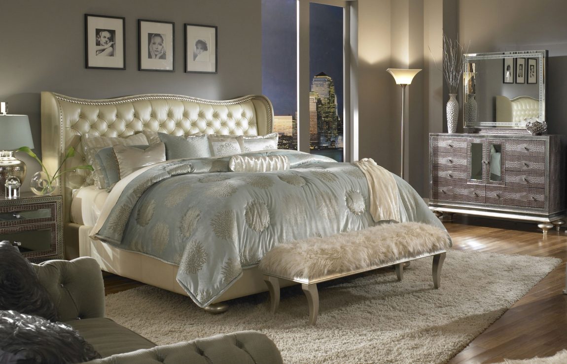 Furniture + Accessories Large-size Awesome Tufted Wing Curved Headboard King Size Bed Escorted By Vanity Mirrored Bedroom Furniture In Small Space Grey Master Bedroom Styles Classic And Elegant Mirrored Bedroom Furniture Furniture + Accessories