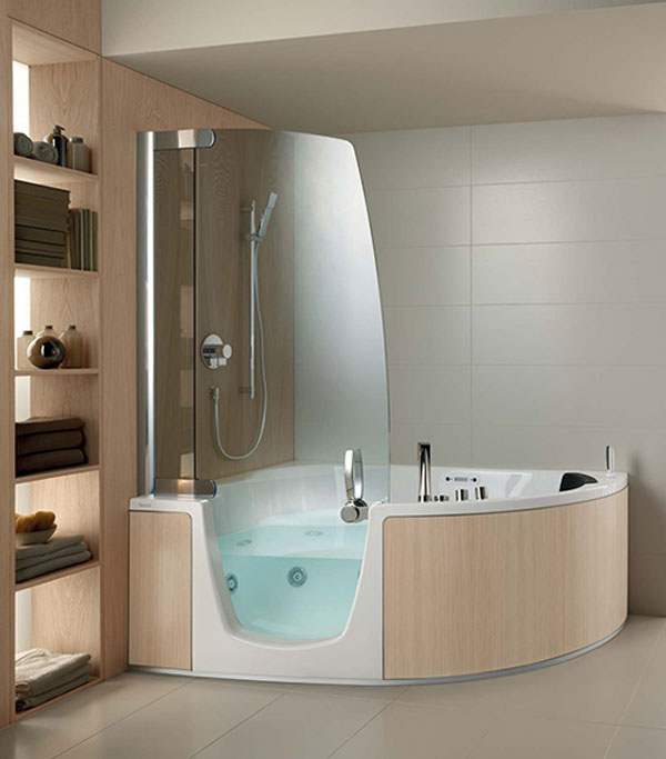 Bathroom Beautiful Corner Whirlpools Wooden Rack Ceramic Floor Ideas Corner Bathtubs with Convenience