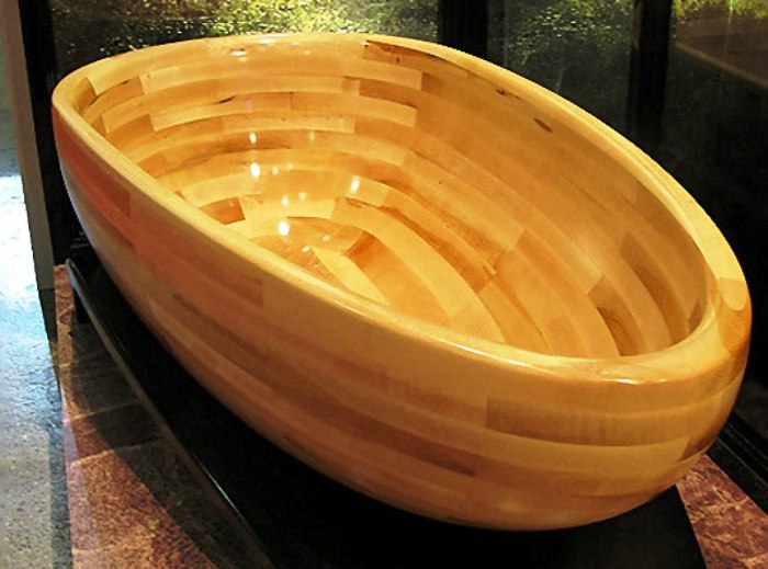 Beautiful Furnished With Glossy Lacquered Sleek Wooden Oval Shaped Bathtub Bathroom