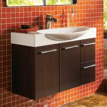 Bathroom Thumbnail size Beautiful Wall Mounted White Sinks Wooden Cabinets Drawers Red Wall Tiles