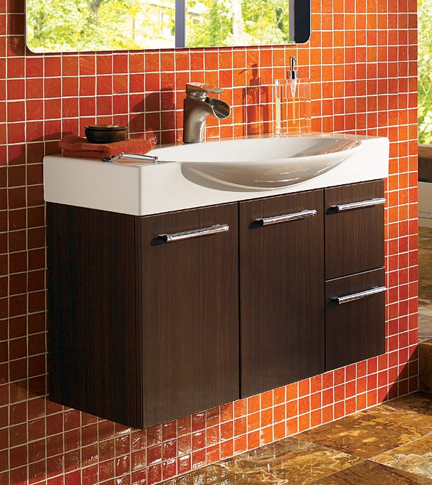 Bathroom Large-size Beautiful Wall Mounted White Sinks Wooden Cabinets Drawers Red Wall Tiles Bathroom