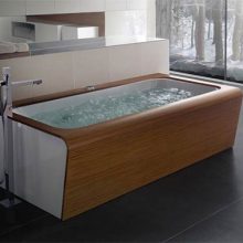 Bathroom Thumbnail size Beautiful Wooden Finish Wooden Bathub Dark Floor Design