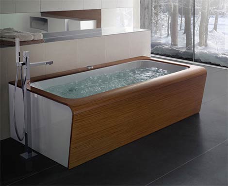 Bathroom Beautiful Wooden Finish Wooden Bathub Dark Floor Design Elegant Wooden Bathtubs as Bathroom Enchantments