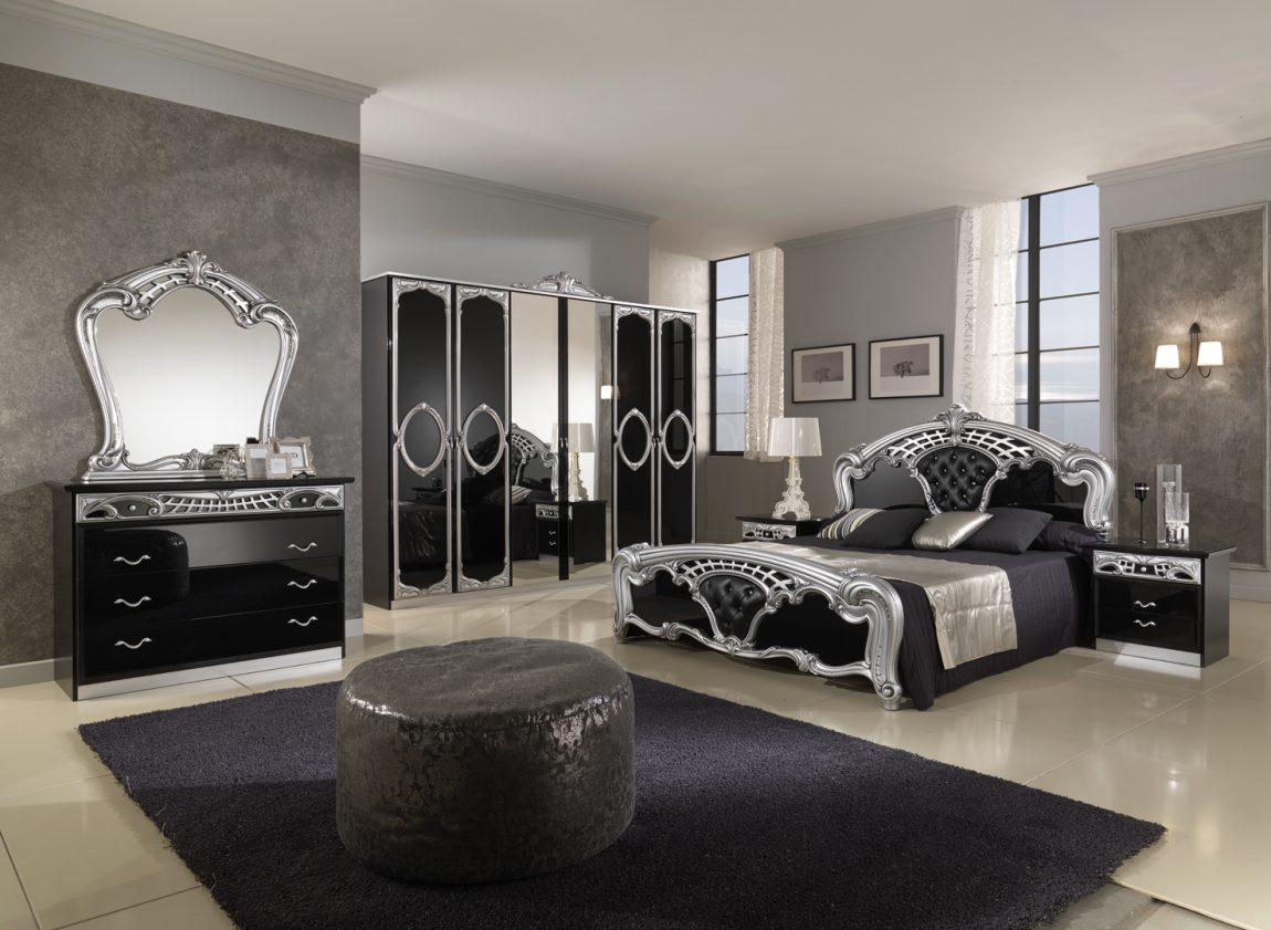 Furniture + Accessories Large-size Black Gloss Varnished Vanities Mirrored Bedroom Furniture Added Wardrobe As Well As King Bed Frame Also Wall Lights Fixtures In Luxury Victorian Bedroom Decors Classic And Elegant Furniture + Accessories