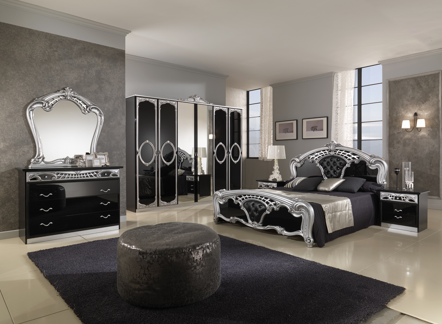 Black Gloss Varnished Vanities Mirrored Bedroom Furniture Added Wardrobe As Well As King Bed Frame Also Wall Lights Fixtures In Luxury Victorian Bedroom Decors Classic And Elegant Furniture + Accessories