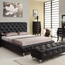 Furniture + Accessories Thumbnail size Black Themes Bedroom Furnishings Set Escorted By Tufted Upholstery Headboard Bed Also Black Vinyl Tufted Upholstered Bench On White Rug Also Vanity Drawer Mirrored Bedroom Furniture Plan