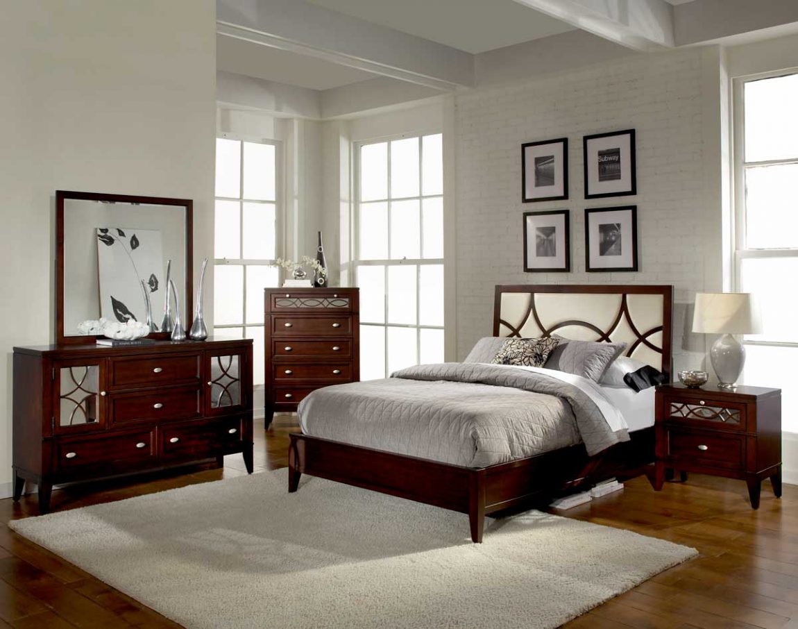 Furniture + Accessories Large-size Brown Wooden Mirrored Bedroom Furniture Set Escorted By Queen Bed Frame Also Vanity Dresser As Well As Tall Chest Of Drawer In Modern Bedroom Plan Classic And Elegant Mirrored Bedroom Furniture + Accessories