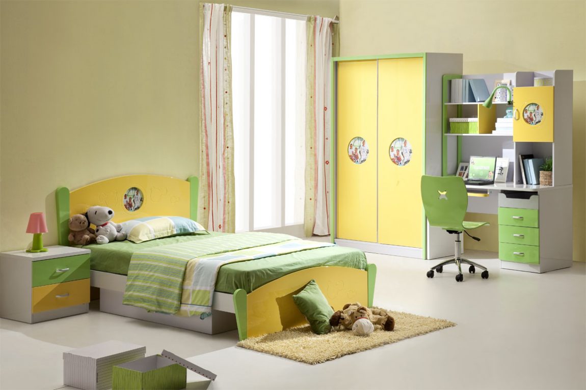 Kids Room Large-size Contemporary Children Bedroom Furniture Escorted By Green And Yellow Paint Idea Feat Stylish Floor To Ceiling Window Curtain Kids Room