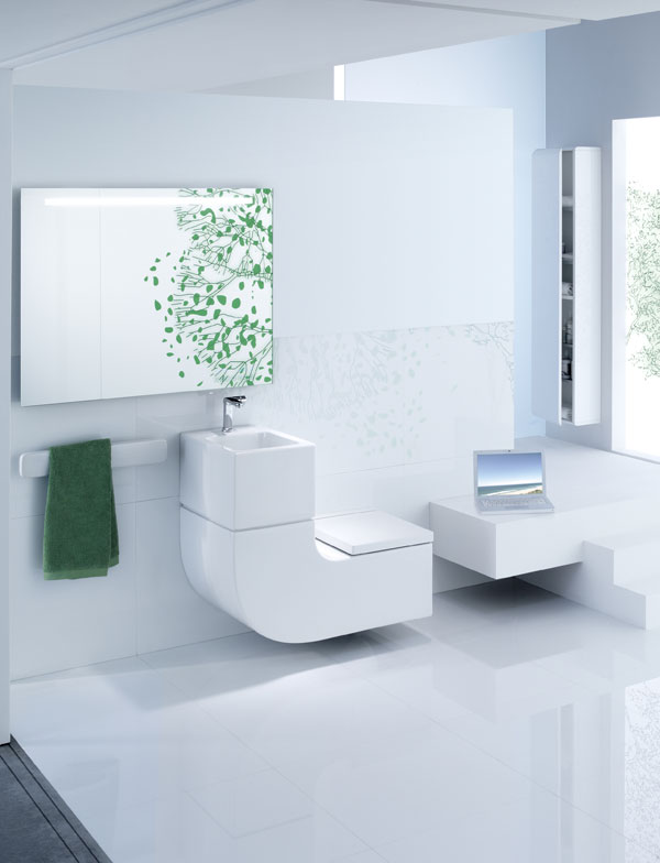Cozy White Eco Friendly Washbasin Floral Art Mural White Floor White Ceilling Bathroom