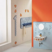 Bathroom Cute Sink Wall Decorating For Kids Bathroom 915x909 Decorating-For-Kids-bathroom-White-Floor-animation-curtain-design