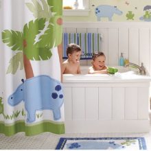 Bathroom Decorating For Kids Bathroom White Floor Animation Curtain Design yellow-Wall-double-mirror-blue-cabinet-Decorating-For-Kids-Bedroom