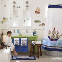 Bathroom Decorating For Kids Bathroom With Ship Theme Wall Curtain 915x807 yellow-Wall-double-mirror-blue-cabinet-Decorating-For-Kids-Bedroom