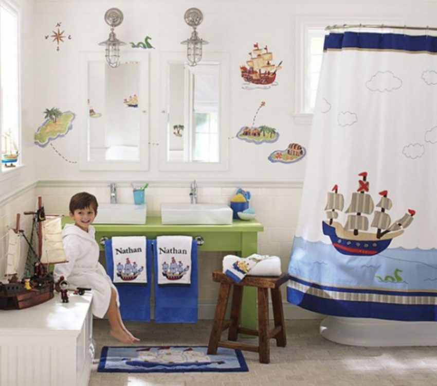 Bathroom Medium size Decorating For Kids Bathroom With Ship Theme Wall Curtain 915x807