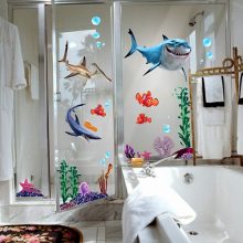 Bathroom Decorating For Kids Bathroom With Sticker Wall 3D Fish Decorating-For-Kids-bathroom-With-Ship-Theme-wall-curtain-915x807