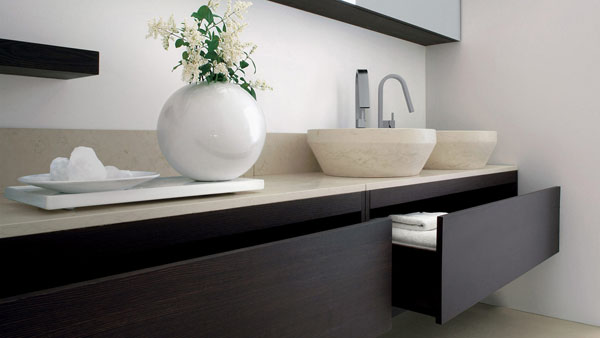 Dogi Bathroom By GD Cucine Dark Brown Ash Wood Vanities Honed Biancone Stone Countertop And Washbasins Ideas