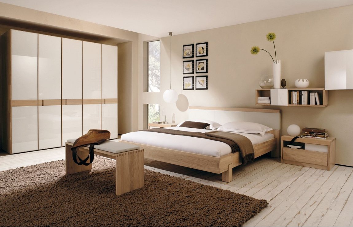 Bedroom Large-size Exciting Nature Wooden Flooring Also Furnitures In Bedroom Style Plan Escorted By White Queen Bed And Nightstand Furnished Escorted By Wall Cabinet And Completed Bedroom