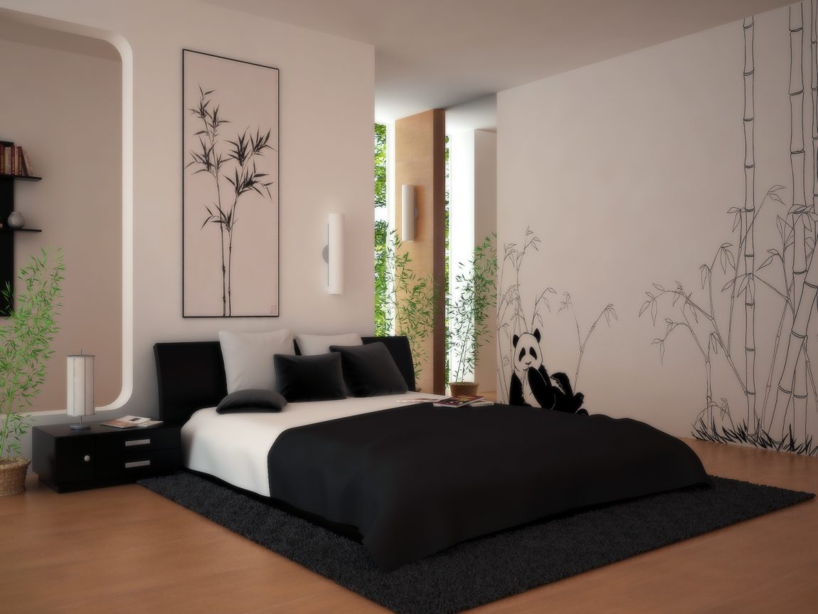 Bedroom Large-size Fabulous Panda Escorted By Bamboos Bedroom Style Plan Escorted By Wall Painting And Completed Escorted By Queen Bed Applying White And Black Color Furnished Bedroom