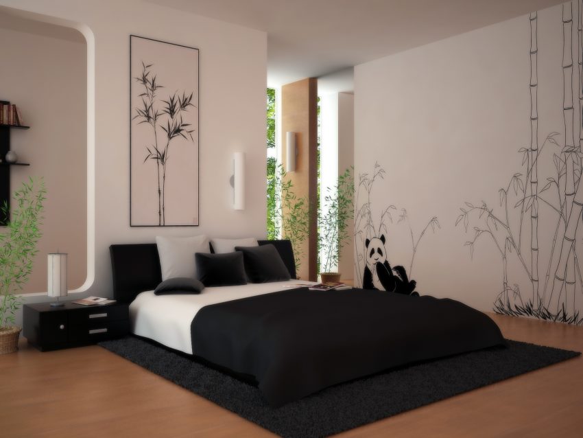 Bedroom Fabulous Panda Escorted By Bamboos Bedroom Style Plan Escorted By Wall Painting And Completed Escorted By Queen Bed Applying White And Black Color Furnished Room Design Ideas: Luxury Bedroom Furniture