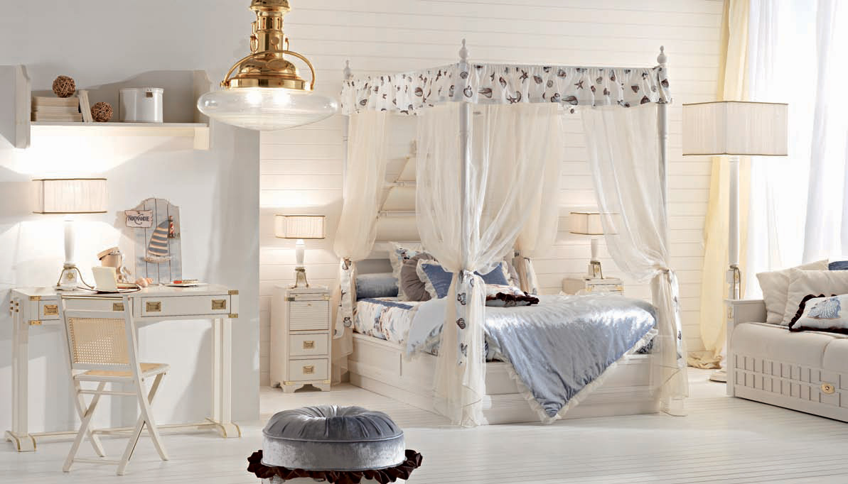 Gorgeous Canopy Bed Drapes Idea And Cool White Children Bedroom Furniture Feat Round Ottoman Style Kids Room