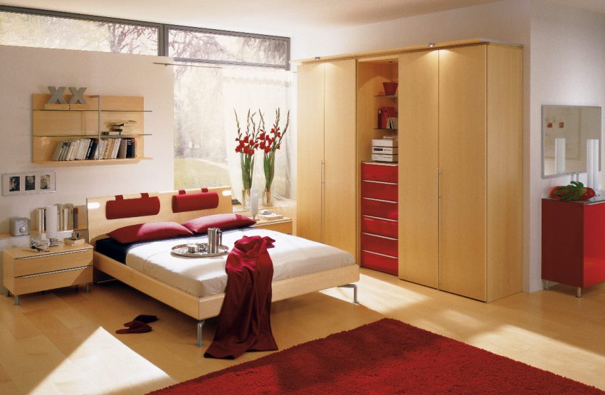 Bedroom Medium size Inspiring Red And Nature Of Bedroom Style Plan Escorted By Queen Bed And Nightstands Furnished Escorted By Wall Cabinet And Vases Flower Decorations Also Completed Escorted By Red Rug