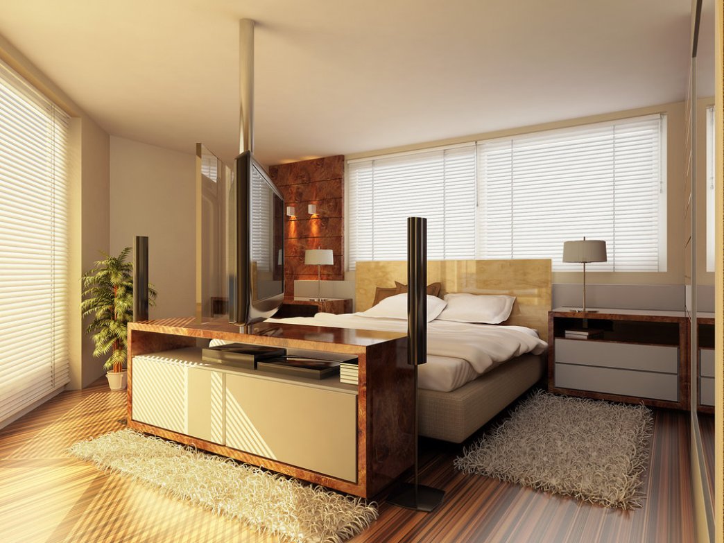 Interesting Modern Bedroom Style Plan Escorted By Reversible Flatscreen TV Completed Escorted By Queen Bed And Night Lamps On Nightstand Also Furnished Escorted By Soft Rugs Bedroom
