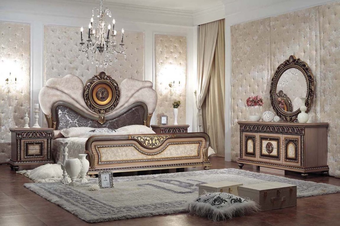 Furniture + Accessories Large-size King Bedroom Styles Escorted By Luxury King Size Bed As Well As Oval Carving Mirrored Bedroom Furniture Vanity As Well As Tufted Wall Decors Plan Classic And Elegant Mirrored Bedroom Furniture + Accessories