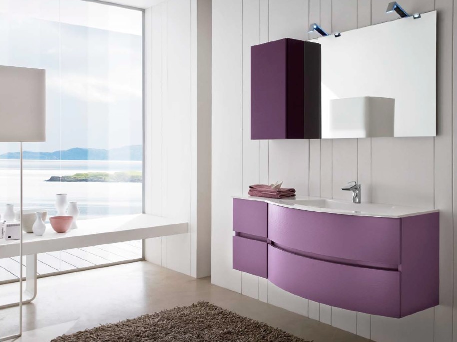 Luxury Happy Bathroom Furniture Square Mirror Purple Sink Fur Rug Huge Glass Window 915x686 Bathroom