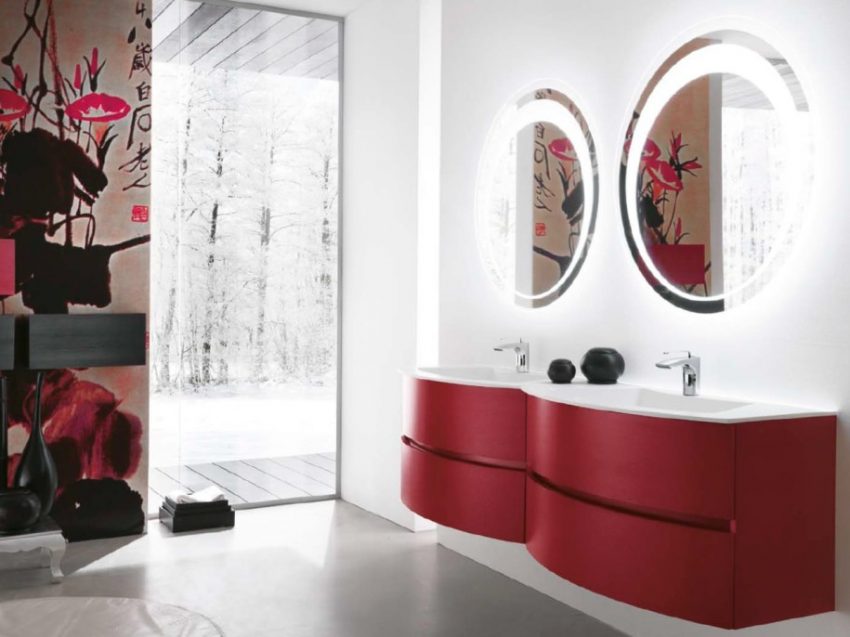 Bathroom Medium size Luxury Happy Bathroom Furniture Two Round Mirror Scarlet Sinainted Wall 915x686
