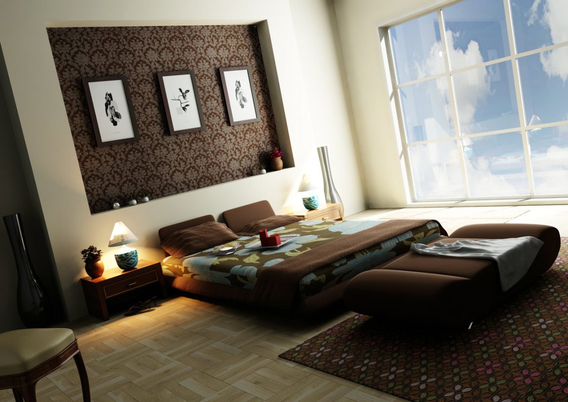 Bedroom Large-size Marvellous Bedroom Style Plan Applying Clear Glass Side Wall Furnished Escorted By Brown Furnitures Of Bed And Bench Completed Escorted By Dual Nightstand And Rug Bedroom