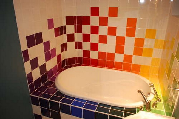 Minimalist Rainbow Tiles Bathroom Gold Faucet White Bathtub Bathroom