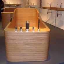 Bathroom Thumbnail size Minimalist Wooden Bathtub Wooden Sink Stainless Faucets