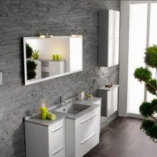 Bathroom Modern Bathroom Sets With Grey Stone Wall Modern-Bathroom-Sets-with-Glass-Door-Wooden-Drawer-Large-Mirror