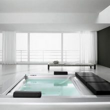 Bathroom Modern Design Teuco Seaside Bathtub Large Bathroom Grey-Royal-Sized-Hydromassage-white-curtain-towel-hanger-Bathtubs