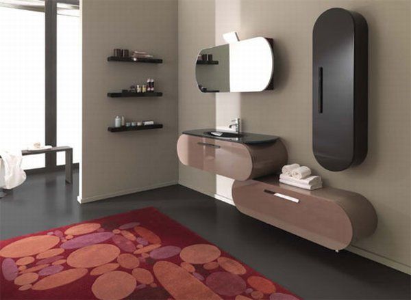 Nice New Flux Collection Colorful Bathroom Grey Floor Red Rug Wooden Drawer Furniture + Accessories