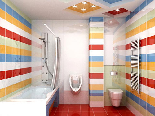 Nice Rainbow Tiles Bathroom Red Floor White Closet Bathroom
