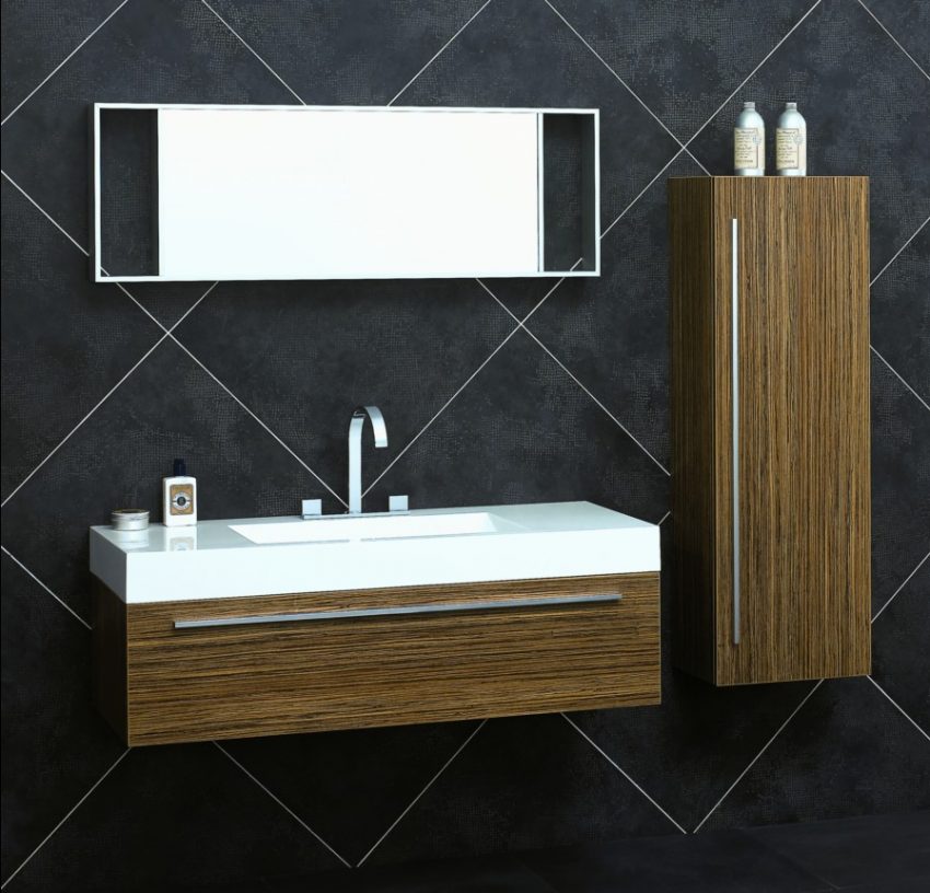 Bathroom Medium size Nice Wall Mounted White Sinks And Wooden Cabinets Dark Tile Wall