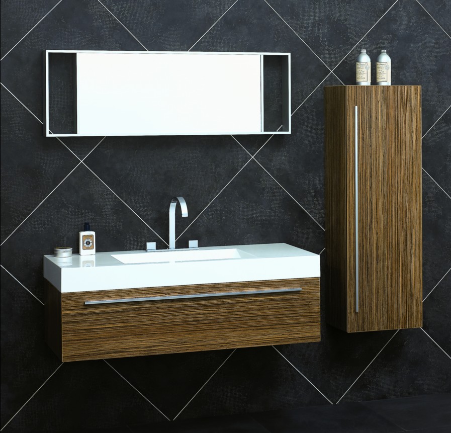 Nice Wall Mounted White Sinks And Wooden Cabinets Dark Tile Wall Bathroom