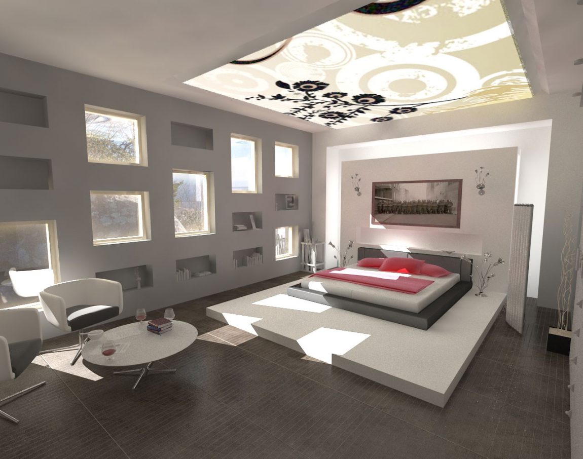 Bedroom Large-size Outstanding Modern Bedroom Style Plan Escorted By White King Bed On Grey Platform Furnished Escorted By Decorations On Side Bed Also Completed Escorted By Oval Table And Chairs Bedroom