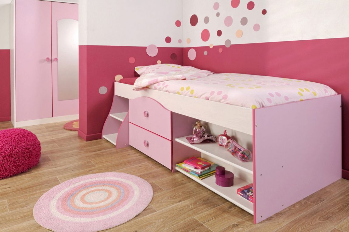 Kids Room Large-size Polka Dot Wallpaper Idea Feat Compact Children Bedroom Furniture Style Also Wood Tile Floor Plus Cute Round Rug Kids Room