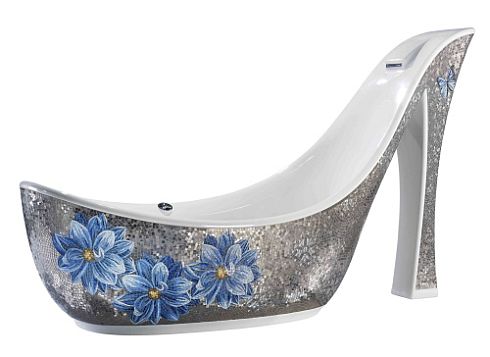 Silver The Shoe Bathtub With Blue Flowers Art Decor Bathroom