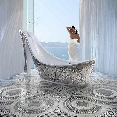 Silver Floral Luxury The Shoe Patterned Tile Bathtub Bathroom