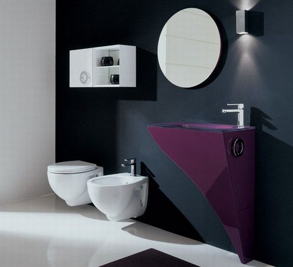 Terrific Happy Bathroom Furniture Purple Sink White Closet Round Mirror Bathroom