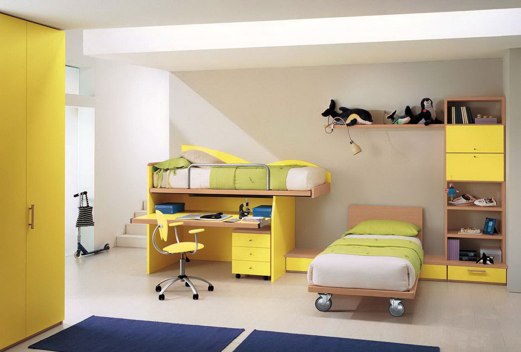Trendy Blue Area Rug Feat Contemporary Yellow Children Bedroom Furniture Set Plus Movable Twin Bed Style Kids Room