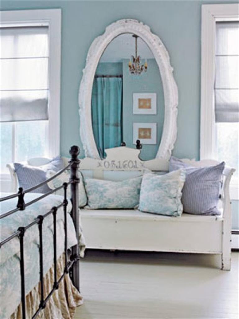White Oval Frame Wall Mount Mirrored Bedroom Furniture Feat White Wooden Benches And Cushions As Well As Iron Bed Frame In Vintage Bedroom Decors Classic And Elegant Mirrored Bedroom Furniture + Accessories